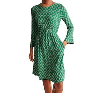 Boden Floral Pome Stamp Flute Sleeve Jersey Dress in Rich Emerald